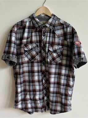 Y2K Point Zero Brown Plaid Short-Sleeve Button-Down Shirt Men’s Size XL